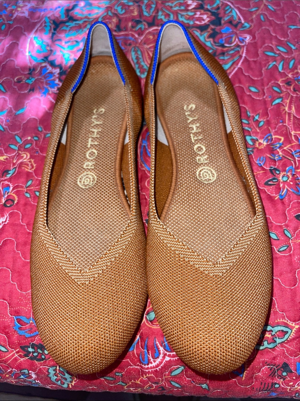 ROTHY’S Women’s Brown Knit Slip-On Flats with Blue Trim
